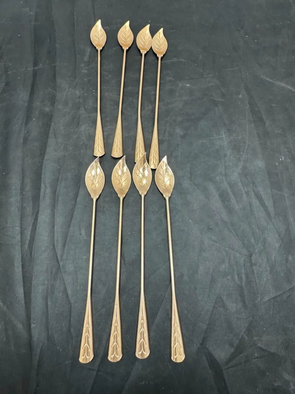 Vtg Gold Tone Leaf Bowl Cocktail Stir Spoon Long Handle Iced Tea Barware 7.5